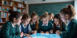 Technologie immersive : comment l’intégrer dans l’éducation moderne ? Groupe d élèves au tableau interactif en classe moderne