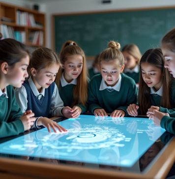 Technologie immersive : comment l’intégrer dans l’éducation moderne ? Groupe d élèves au tableau interactif en classe moderne
