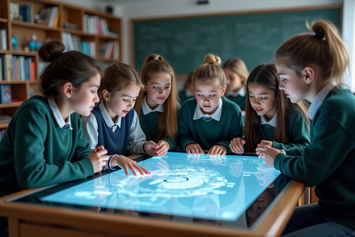 Groupe d élèves au tableau interactif en classe moderne
