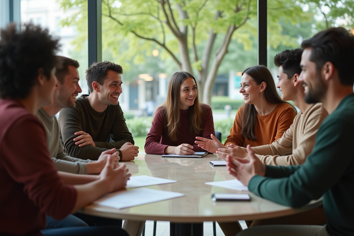 Jeunes adultes discutant dans une cafetéria moderne