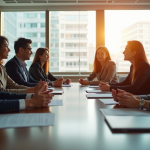 Groupe de professionnels en réunion dans un bureau lumineux