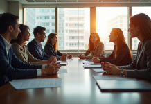 Groupe de professionnels en réunion dans un bureau lumineux