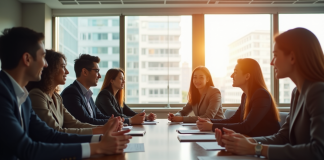 Groupe de professionnels en réunion dans un bureau lumineux