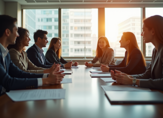 Groupe de professionnels en réunion dans un bureau lumineux