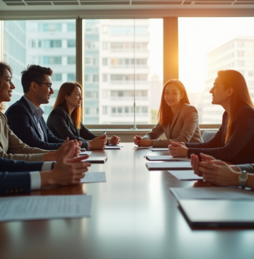 Groupe de professionnels en réunion dans un bureau lumineux