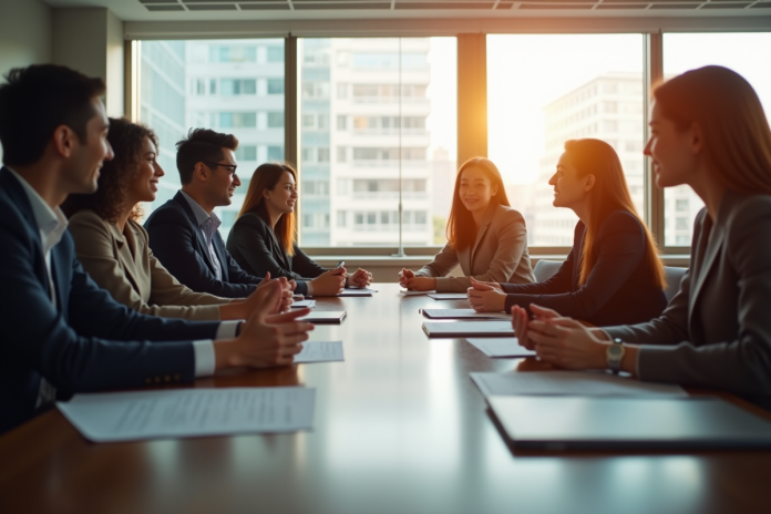 groupe-professionnels-bureau Groupe de professionnels en réunion dans un bureau lumineux