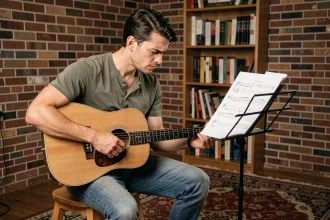 Jeune guitariste frustré étudiant une partition gratuite imprimée sur un pupitre dans un home studio rustique
