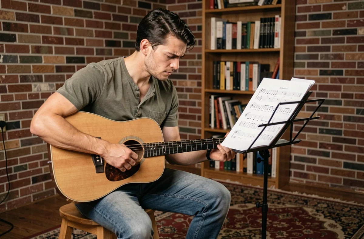 Jeune guitariste frustré étudiant une partition gratuite imprimée sur un pupitre dans un home studio rustique