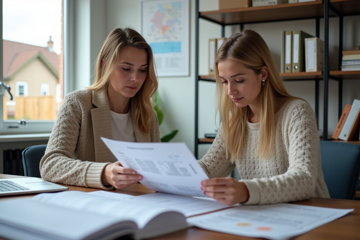 Jeune femme et officier discutant documents de construction