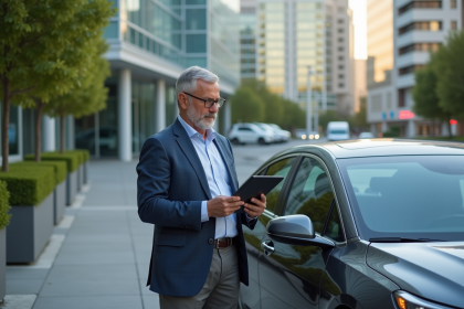 Homme d'affaires avec voiture hybride en ville