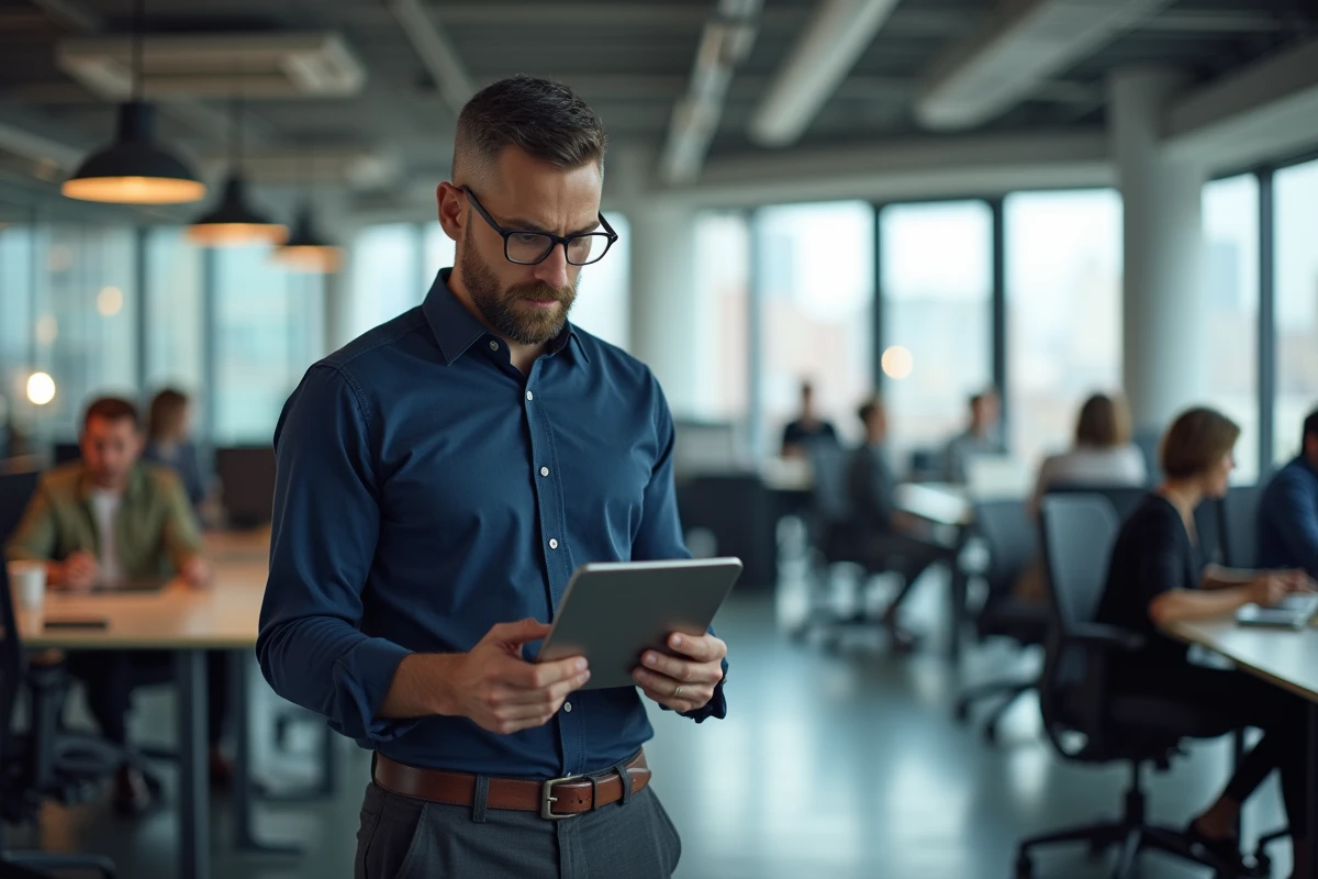 Homme d'affaires consultant le site Govioz sur une tablette dans un espace de coworking contemporain