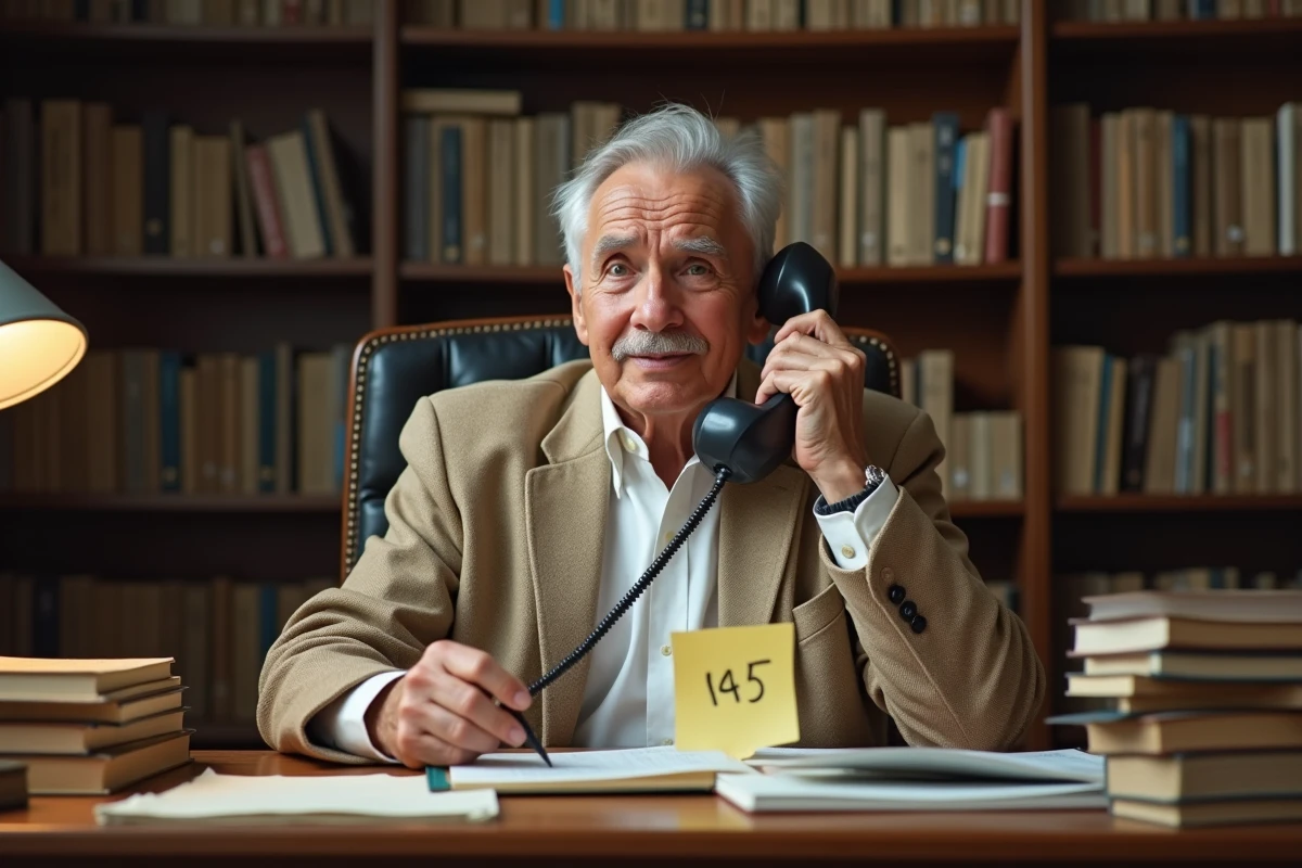 Homme âgé perplexe avec un téléphone fixe et une note de numéro dans un bureau à domicile