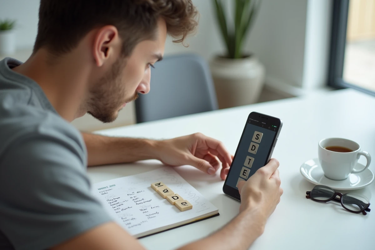 Jeune homme utilisant une application de recherche de mots pour optimiser ses lettres au Scrabble