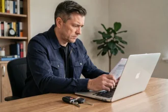 Homme consultant des documents d'assurance auto sur un ordinateur portable avec des clés de voiture d'occasion posées sur le bureau