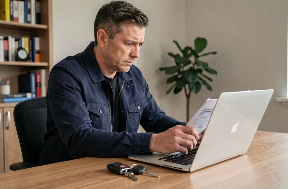 Homme consultant des documents d'assurance auto sur un ordinateur portable avec des clés de voiture d'occasion posées sur le bureau