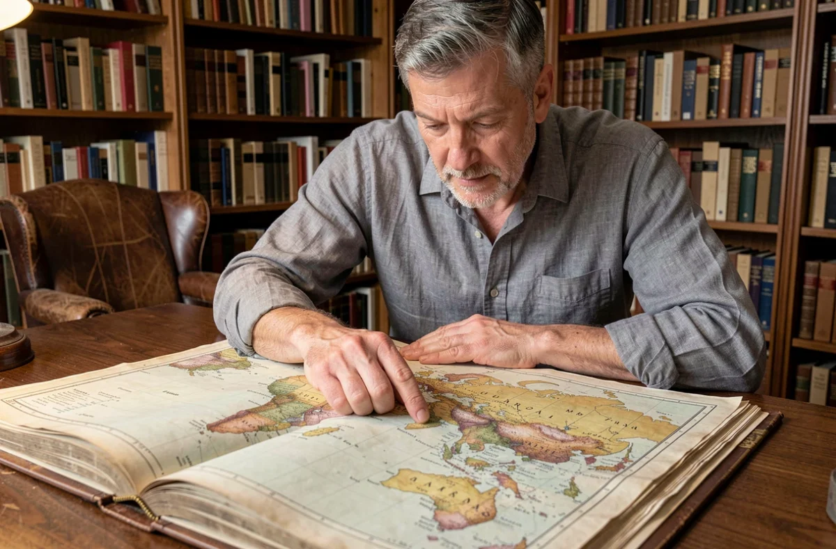 Homme consultant un atlas vintage dans une bibliothèque pour retrouver des villes commençant par A lors d'un quiz