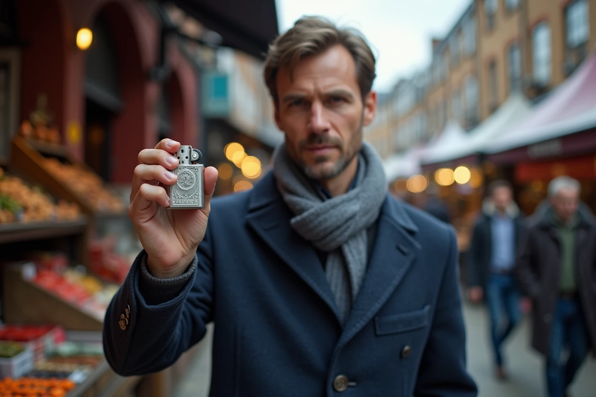Homme inspectant un briquet vintage argenté dans un marché de rue londonien animé, entouré de l'atmosphère typique de Camden Market