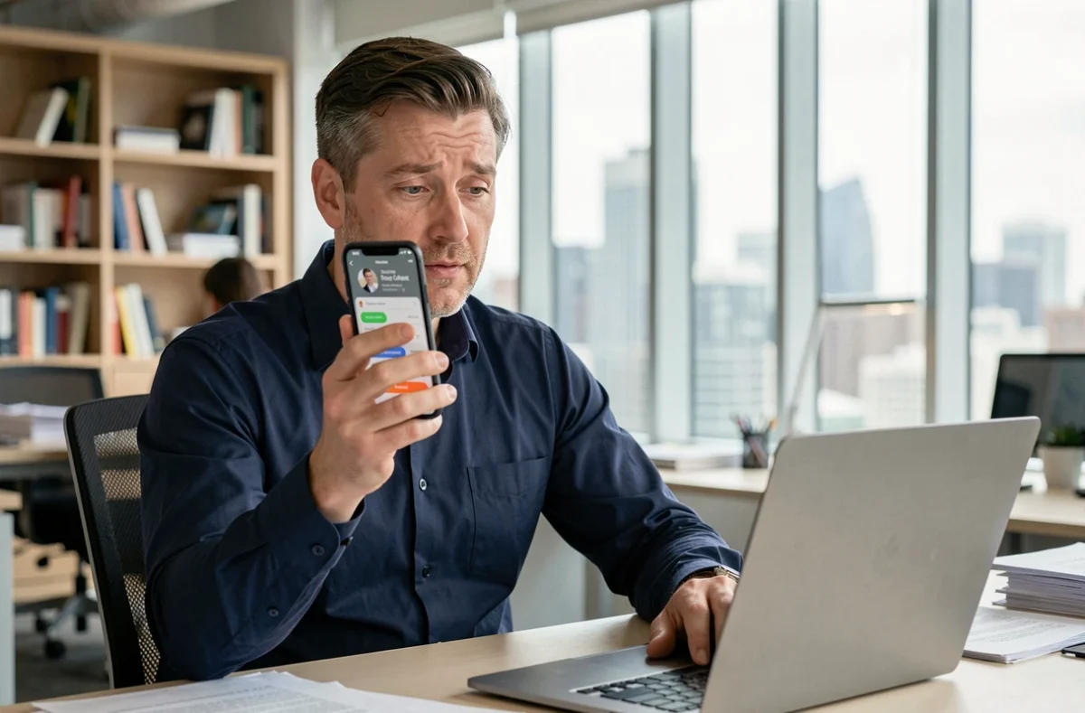 Homme en bureau recevant un appel international avec le préfixe téléphonique +41 de la Suisse