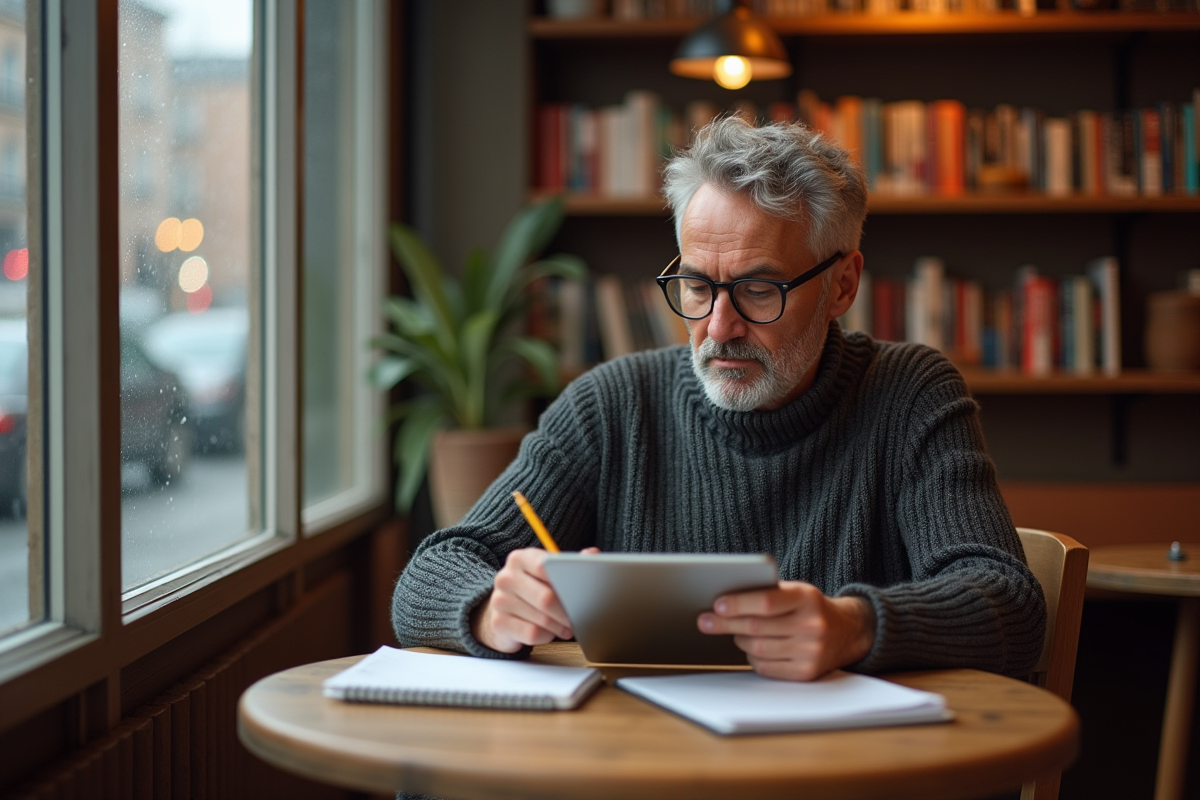 Homme lisant des notes et utilisant une tablette dans un café cosy