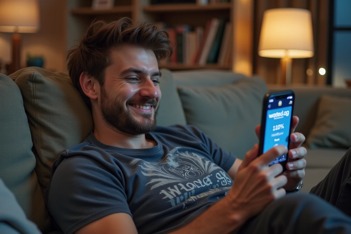 Homme allongé sur un canapé consultant son temps wated sur League of Legends depuis son smartphone dans un appartement moderne