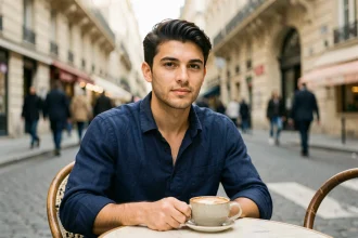 Jeune homme célibataire assis seul en terrasse de café parisien, illustrant une rumeur amoureuse en 2026