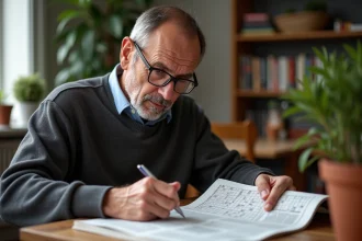 Homme français concentré à remplir une grille de mots croisés