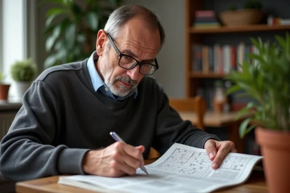 Homme français concentré à remplir une grille de mots croisés