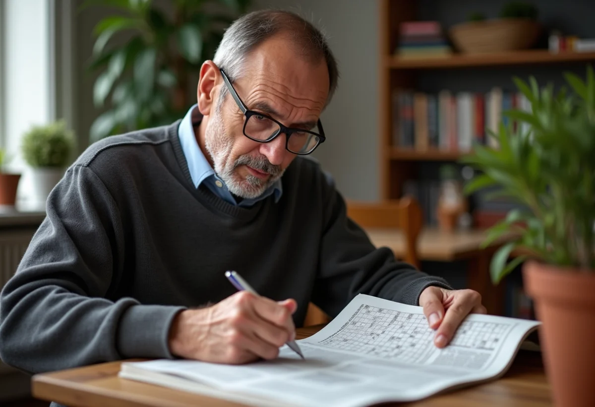 Homme français concentré à remplir une grille de mots croisés