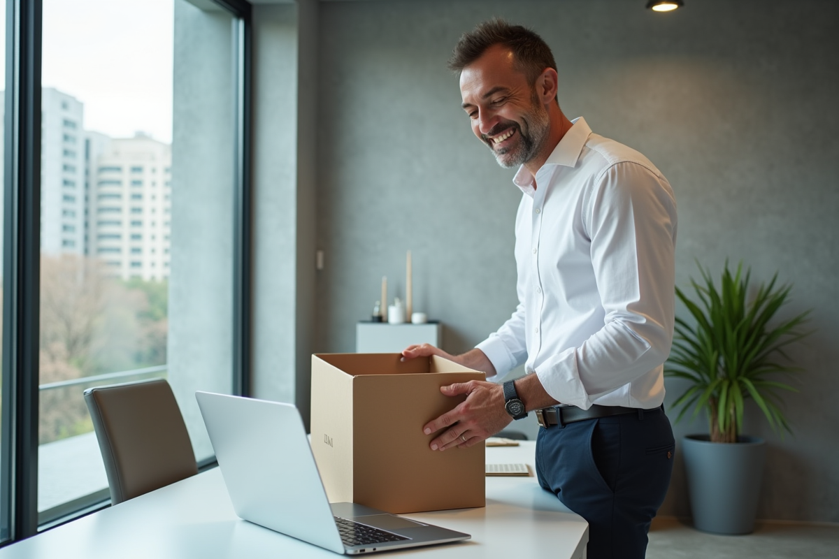 Homme déballant un nouveau laptop dans un bureau moderne