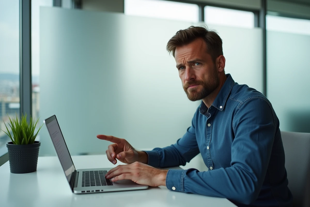 Homme perplexe devant une faute d'orthographe soulignée en rouge sur un document Word au bureau