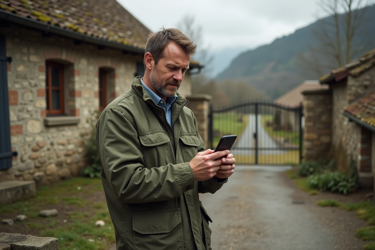 Homme en milieu rural consultant son smartphone pour localiser un relais Chronopost sur une carte en ligne depuis une cour de ferme