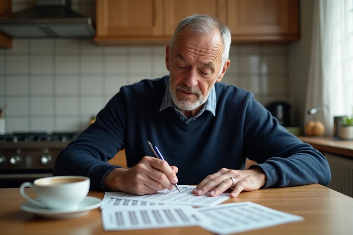 Homme remplissant une grille de loto classique en papier à la maison avec un stylo bille