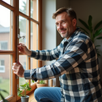 Homme isolant une fenêtre avec du ruban adhésif dans un salon chaleureux