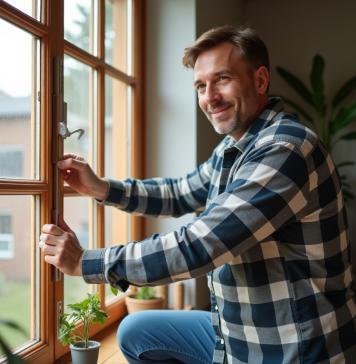 Passer de F à D DPE : 10 astuces pour améliorer la performance énergétique Homme isolant une fenêtre avec du ruban adhésif dans un salon chaleureux