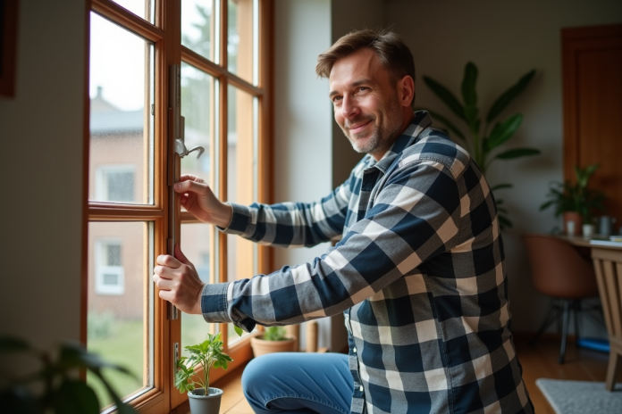 homme-isolant-fenetre Homme isolant une fenêtre avec du ruban adhésif dans un salon chaleureux