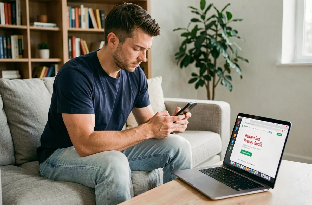 Homme récupérant un lien dés gratuit Monopoly Go via navigateur web sur ordinateur et smartphone