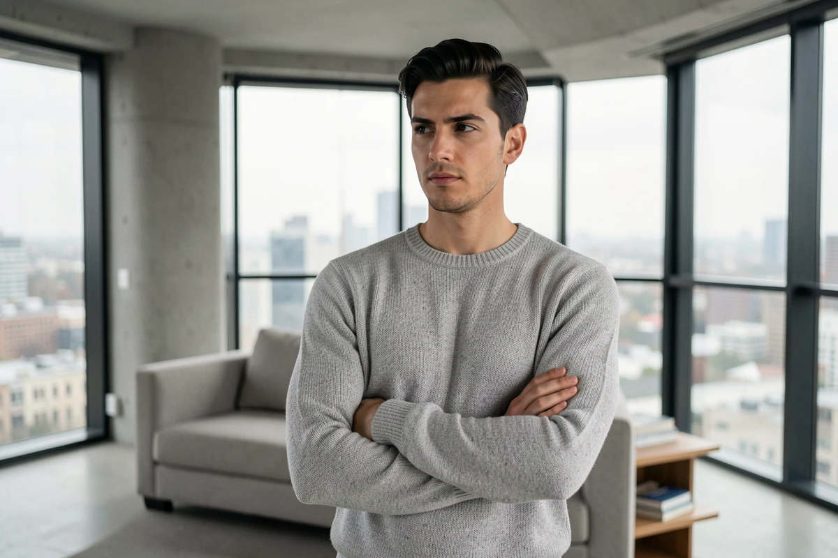 Homme pensif dans un appartement moderne face à la ville, symbolisant le mystère autour de sa vie amoureuse