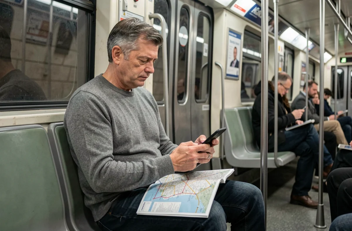 Homme consultant le plan PDF de la ligne 6 du métro parisien dans un wagon