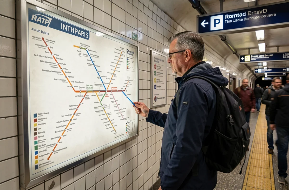 Homme lisant le plan du réseau métro RATP affiché dans une station de Paris pour planifier son trajet