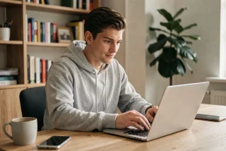 Jeune homme cherchant un code promo Ninja Time sur son ordinateur portable dans un bureau à domicile
