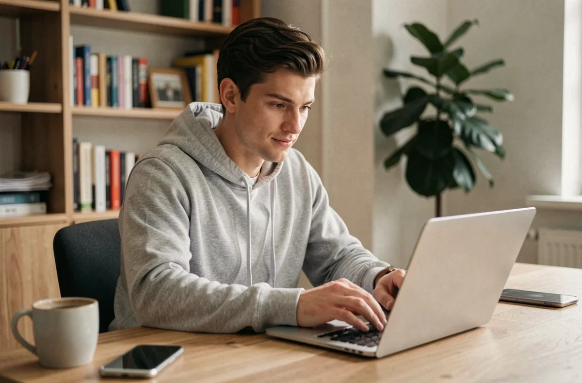 Jeune homme cherchant un code promo Ninja Time sur son ordinateur portable dans un bureau à domicile