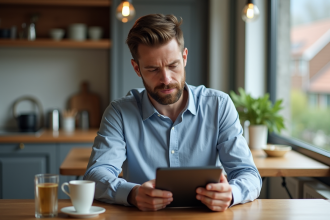 Homme en casual recherchant des biens immobiliers sur tablette