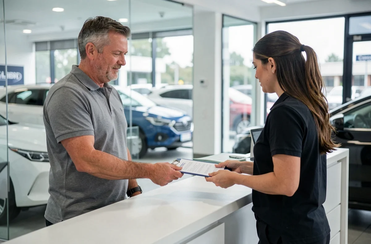 Homme remettant ses documents d'assurance auto à un conseiller dans une agence automobile