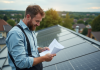 Panneaux photovoltaïques rentables : bien évaluer leur impact environnemental et financier Homme d'âge moyen examinant un document près de panneaux solaires sur un toit