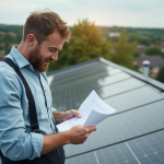 Panneaux photovoltaïques rentables : bien évaluer leur impact environnemental et financier Homme d'âge moyen examinant un document près de panneaux solaires sur un toit