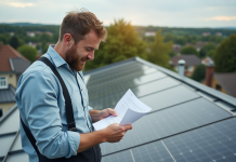 Homme d'âge moyen examinant un document près de panneaux solaires sur un toit