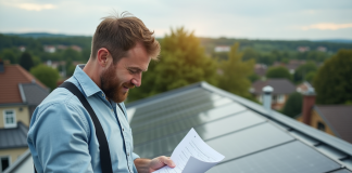 Homme d'âge moyen examinant un document près de panneaux solaires sur un toit