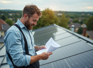 Panneaux photovoltaïques rentables : bien évaluer leur impact environnemental et financier Homme d'âge moyen examinant un document près de panneaux solaires sur un toit