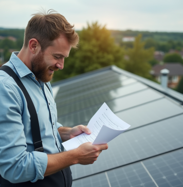 Panneaux photovoltaïques rentables : bien évaluer leur impact environnemental et financier Homme d'âge moyen examinant un document près de panneaux solaires sur un toit