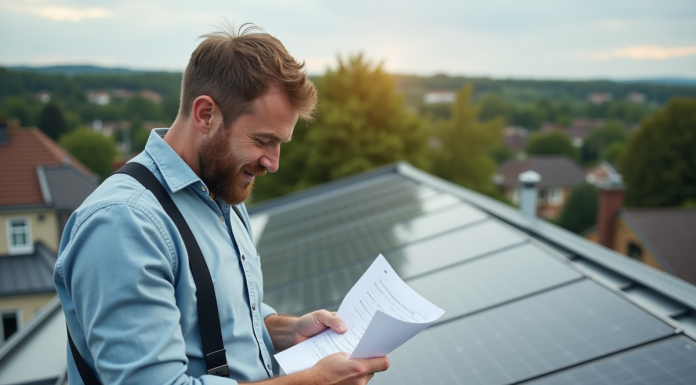 Panneaux photovoltaïques rentables : bien évaluer leur impact environnemental et financier Homme d'âge moyen examinant un document près de panneaux solaires sur un toit